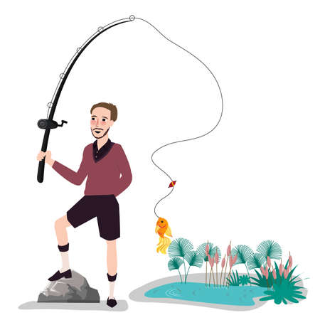 Flat Fisherman with fish holding fishing rod vector illustration vacationのイラスト素材