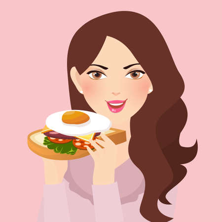 Woman holding fresh sandwich in her hand with eggのイラスト素材