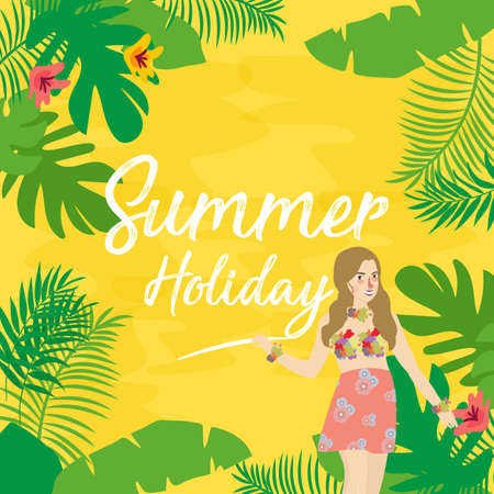 Summer holiday flat icons with lettering. Illustration of leaf flower and girlのイラスト素材
