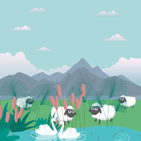 lambs sheep in nature feed grass farm cartoon illustrationのイラスト素材