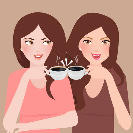 two young girls talking in a cafeteria drinking coffee frienship togetherのイラスト素材
