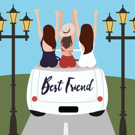 Group of best friends cheering on car road trip. Happy people outdoor on vacation tour adventure. Friendship concept.のイラスト素材