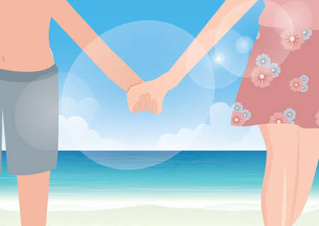 Happy couple holding hands on sea backgroundのイラスト素材