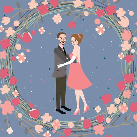 couple wedding bride grom character illustration husband and wife with flowerのイラスト素材