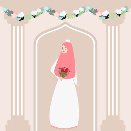 woman girl muslim bride holding flower wearing veil islam tradition vectorのイラスト素材