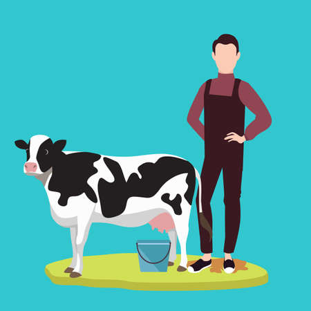 man standing in front of cow cattle farming livestock vectorのイラスト素材