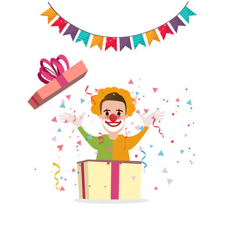 Clown surprise from box present party cartoon happy birtday decoration fun vectorのイラスト素材