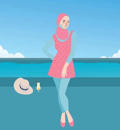 Burqini woman girl wearing swim suit with hijab islam clothes vectorのイラスト素材