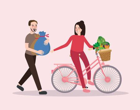 Couple buy vegetable riding bicycle happy healthy shopping male and femaleのイラスト素材