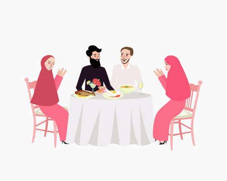 Dinner Muslim woman and man enjoy food break fasting.のイラスト素材
