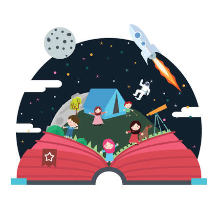 Pop up book children illustration space astronaut sky spaceship.のイラスト素材