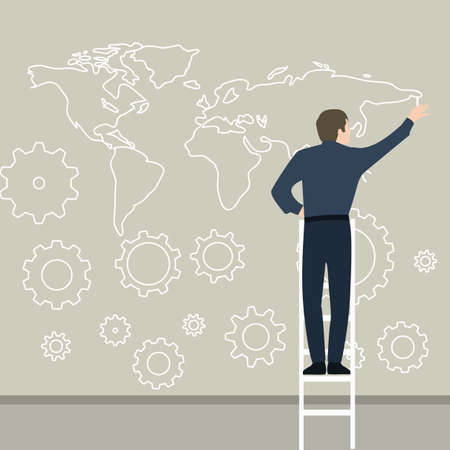 businessman drawing map on the wall planning connection world wide gear worksのイラスト素材