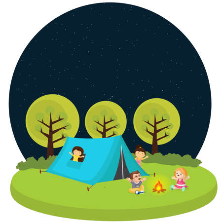 kids children camping tent outdoor fun activity fire camp vectorのイラスト素材