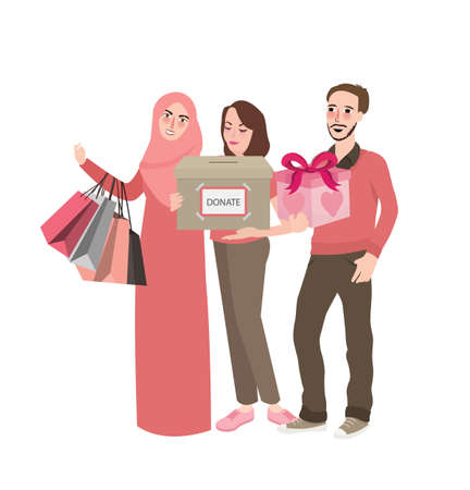 donation by friends volunteer group of people bring box presents give to community helping each other take careのイラスト素材