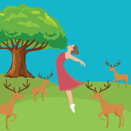 woman girl fresh jumping freedom in forest fresh air wild life deer vectorのイラスト素材