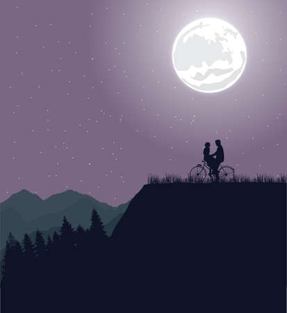 Couple silhouette under the moon in bicycle riding bike romanceのイラスト素材