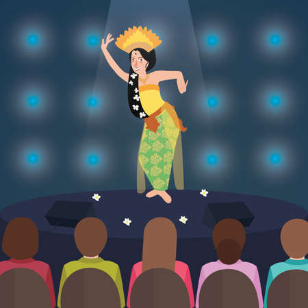 Bali Indonesia - dance performance traditional dancer performs on stage in front of touristsのイラスト素材
