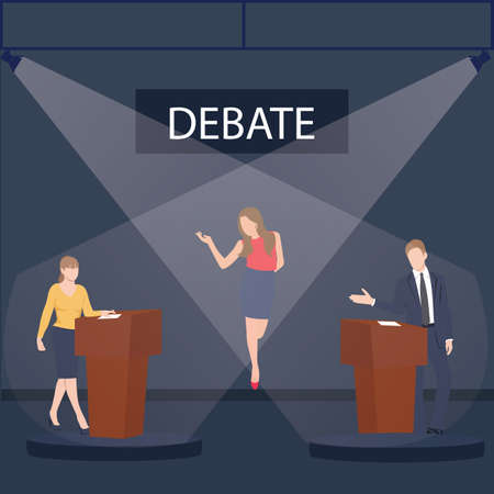 two politician debate on stage podium public speaking contest presentation with moderator between...