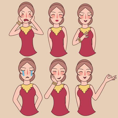 Facial expressions set woman girl vector, expression avatar character, mom happy ask forgiveness, sad, funny vectorのイラスト素材