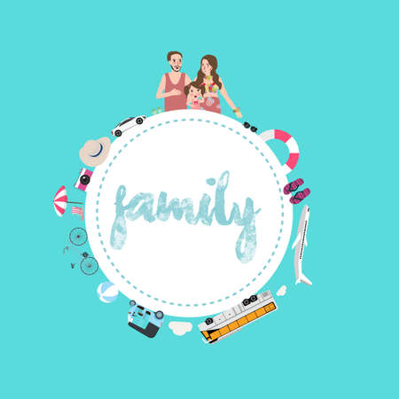 family mom dad and kids travel transportation options using car airplane or ship for vacation vectorのイラスト素材