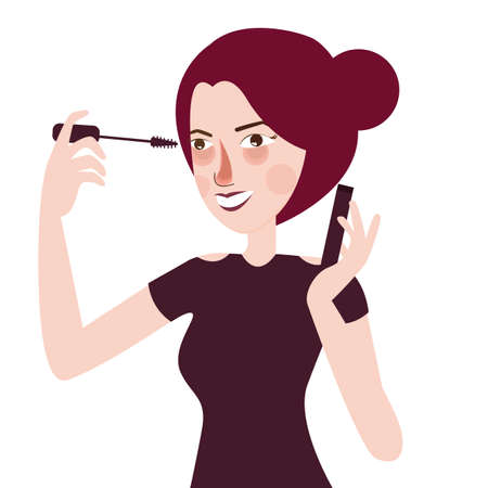 Girl put mascara eye lashes make up cosmetics beautiful woman apply to her eyes vectorのイラスト素材