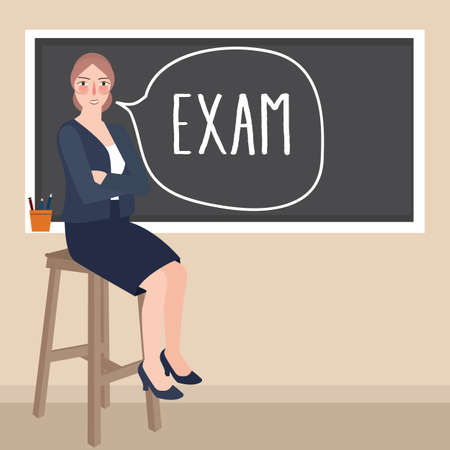 teacher sitting in front of class writing exam in blackboard vectorのイラスト素材