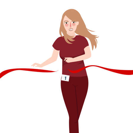 A running girl win race pass red ribbon vector illustration.のイラスト素材