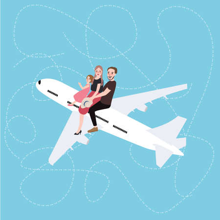 family sitting above on plane concept of traveling vacation holiday together with aircraft vectorのイラスト素材
