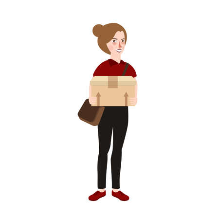 Woman girl standing bring delivery box cardboard package vectorのイラスト素材