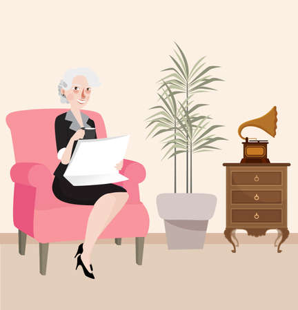 grandma reading newspaper sitting in sofa while playing listening music from gramophoneのイラスト素材