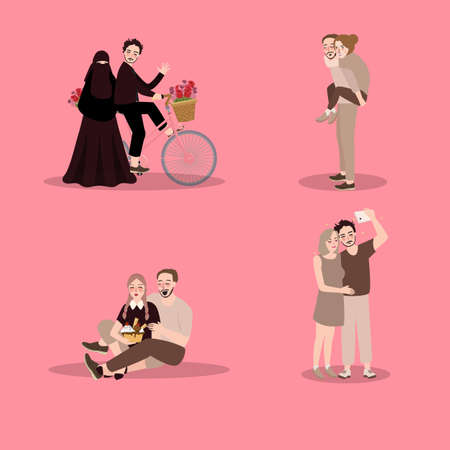 Set of characters couple showing love enjoy time together. Illustration in a flat style.のイラスト素材