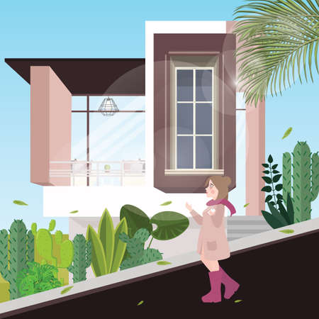 Girl walking down the street alone background there are modern houses with plant around on cold weatherのイラスト素材