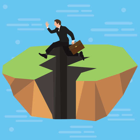 A businessman jumping over a cracked ground vector designのイラスト素材