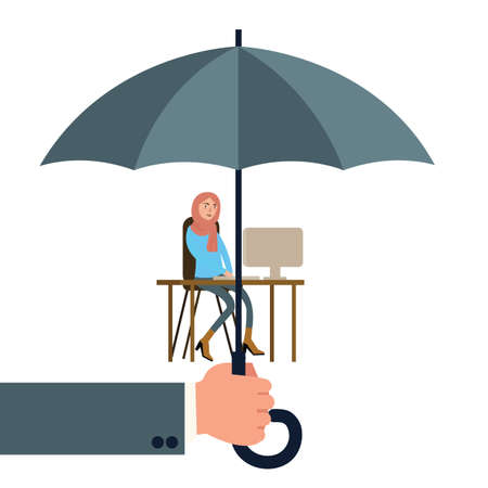 Hand holding umbrella protecting woman illustration.のイラスト素材