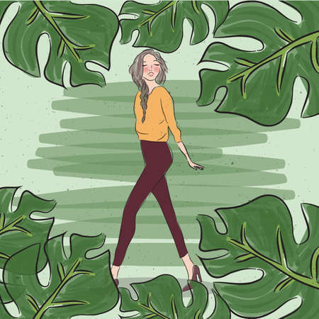 stylish casual fashion girl woman female walking with leaf around greenのイラスト素材
