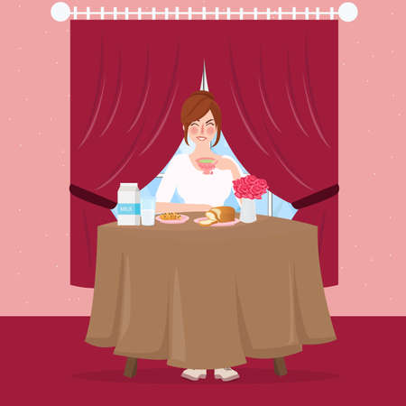 girl have breakfast with bread and tea on table royalのイラスト素材