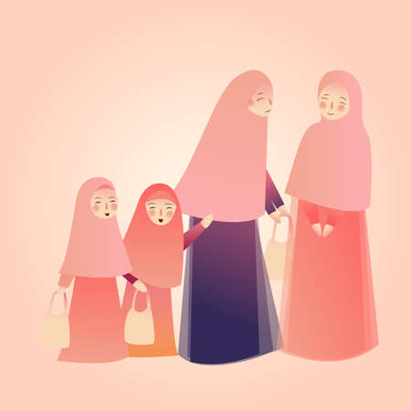Arabic woman carrying shopping bags with families kids meet friends, wearing abaya and hijab.のイラスト素材