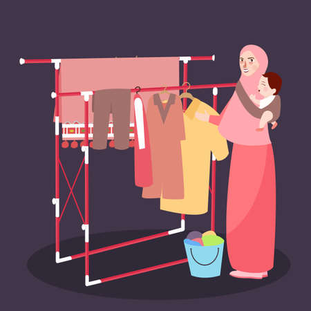 Mom hanging clothes on the line wearing veil while bring babyのイラスト素材