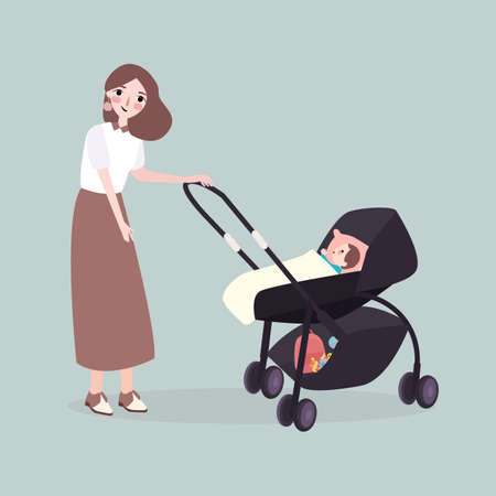 mom walks with a stroller with her babyのイラスト素材