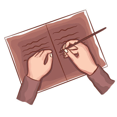 Hands writing on book note, diary. Top view. Holding pen.のイラスト素材