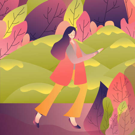 female walking alone enjoy refreshing outdoor nature in park spring. vector illustration drawingのイラスト素材