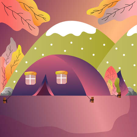 tourist tent in forest camp outdoor adventure scene empty. vector drawing illustration.