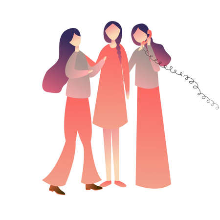 Cheerful friends woman girls standing on call together, enjoying playing old wired phone commubnication symbol. vector illustration drawingのイラスト素材