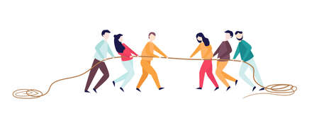 Excited man woman pull rope. Tug of war competition between two teams. Concept of sports activity...