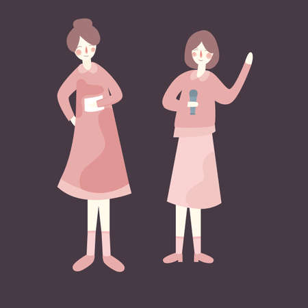 Two female woman performing at tag holding microphone. presentation reporter talking