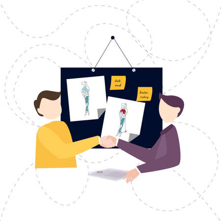 Welcome to my design studio. Two young fashionable men shaking hands and smiling in workshop. vectorのイラスト素材