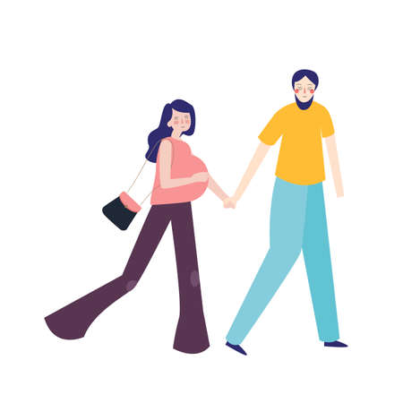 Young family expecting child pregnant woman and husband . man holding his wife walking together. vector flatのイラスト素材