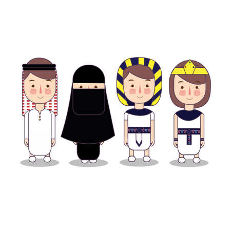 Arab and egypt clothes. Set of cartoon characters in traditional costume.