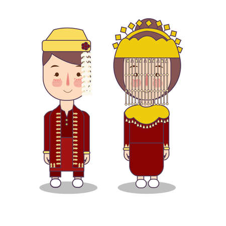 Betawi Jakarta couple traditional national clothes of Indonesia. Set of cartoon characters in traditional costume. Cute people. flat illustrations.のイラスト素材