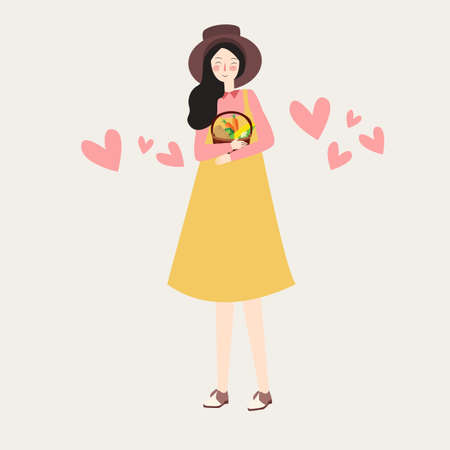 Illustration of a Girl Carrying a Large Basket Full of Vegetables. Wearing Hat full of love. Vectorのイラスト素材